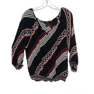 WHBM Silk Blouse Top L Chain Link Striped Career Whimsigoth Peasant Black Red